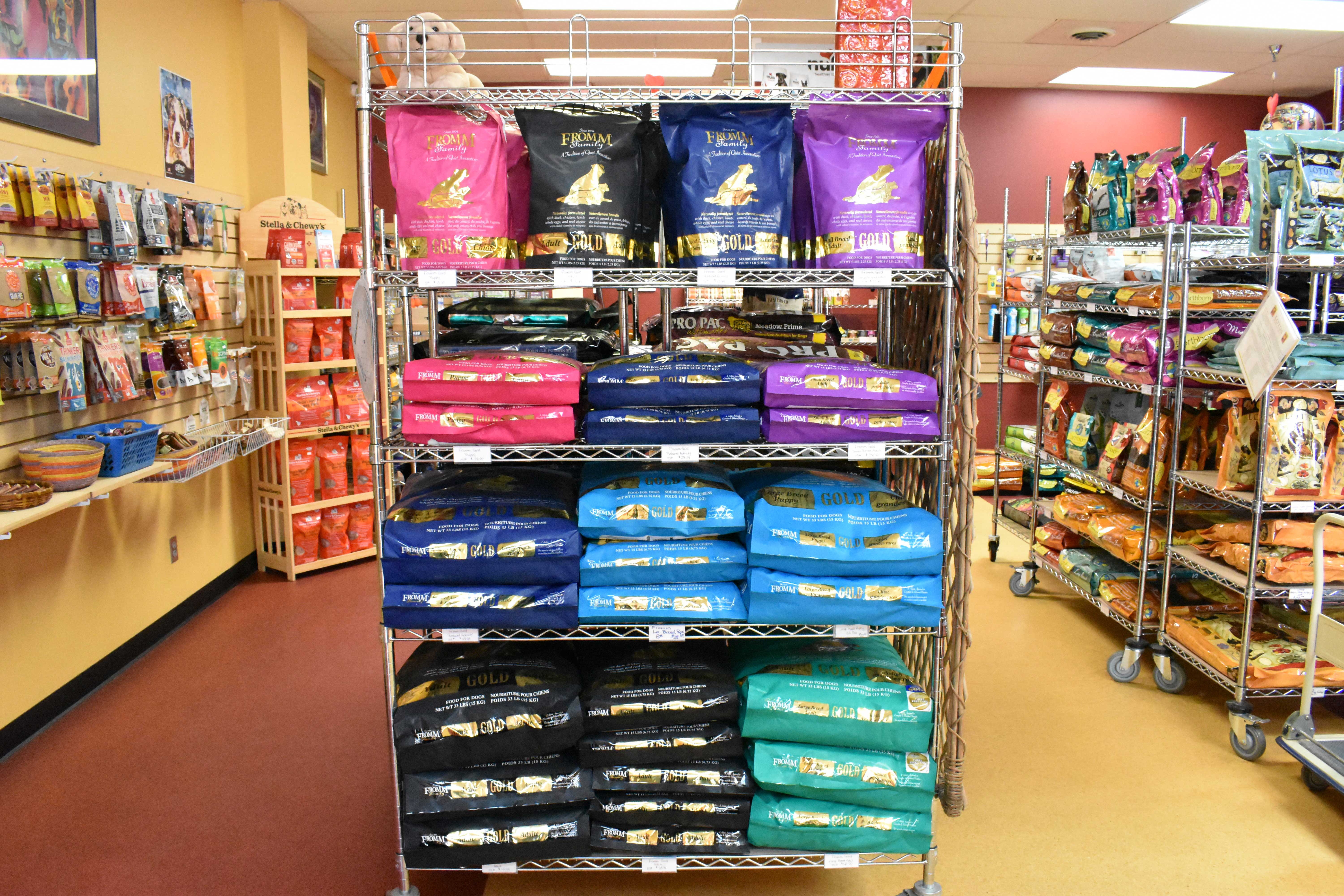 Shelves stocked with premium all-natural pet food